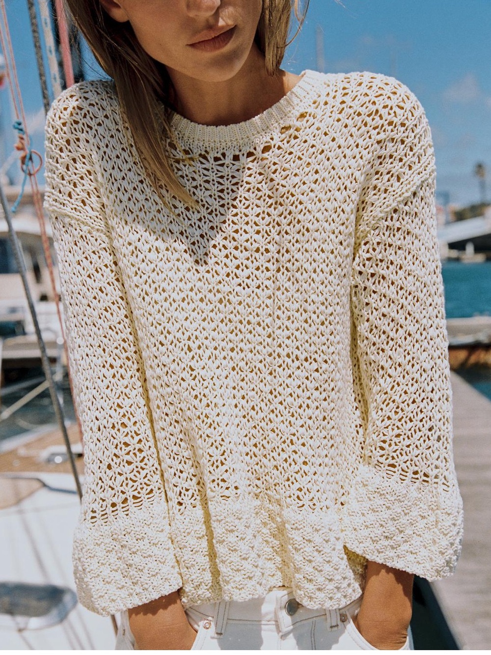 Zara Ecru Open-Knit Round Neck Sweater